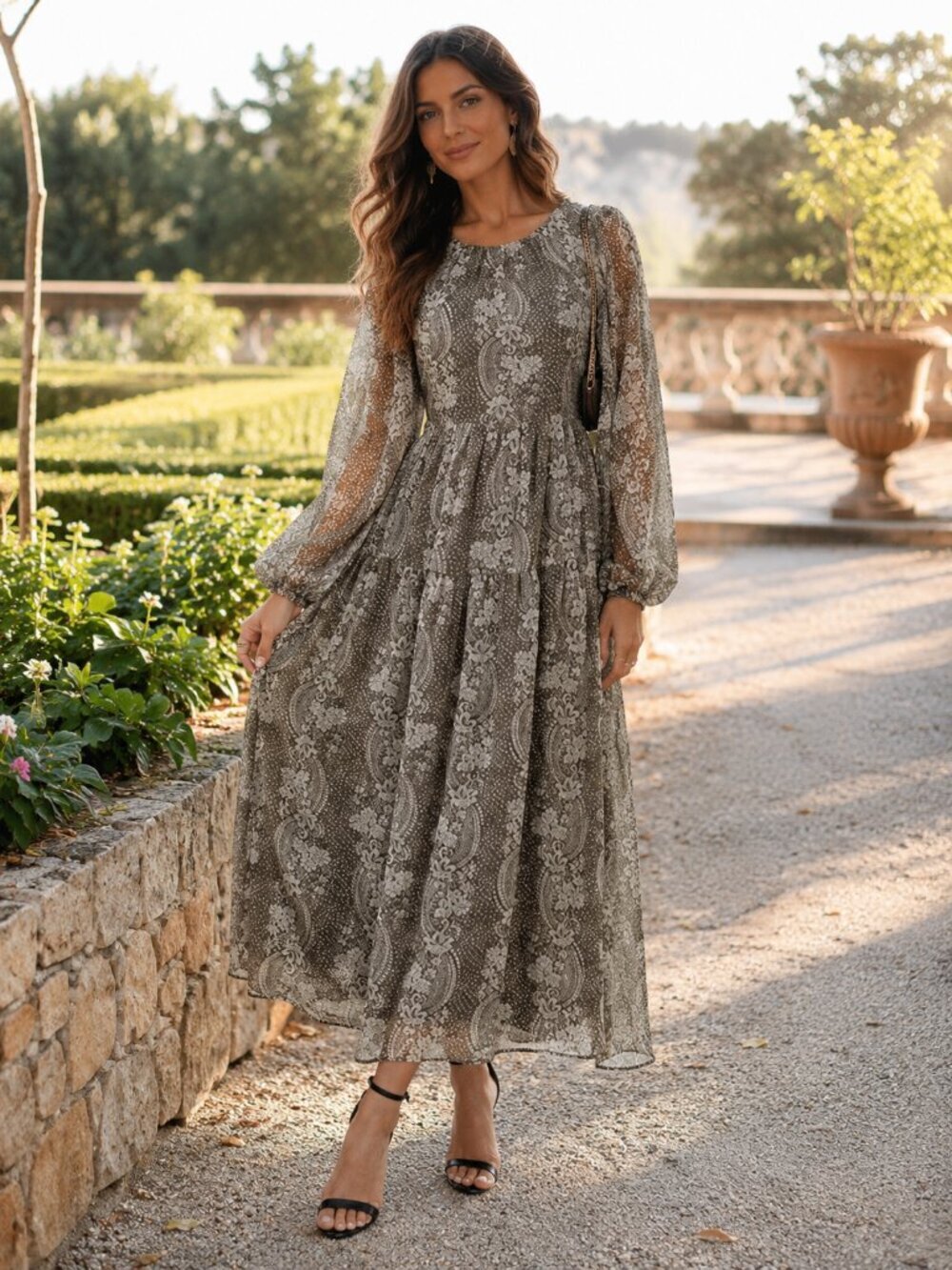 En Saison Teyana Lace Up Long Sleeve Midi Dress Olive Floral Small NWT